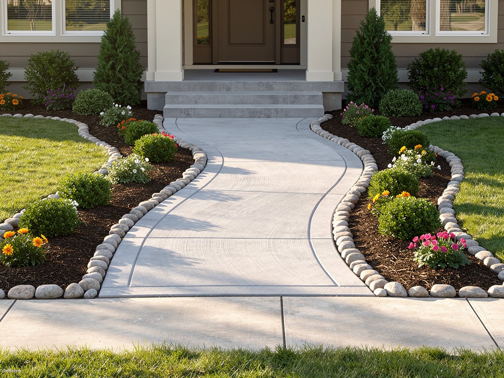Curved concrete walkway with tiered entry steps at a residential home in Montgomery, TX