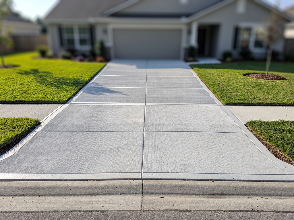 Completed broom-finish concrete driveway replacement in Conroe, TX with control joints and rebar reinforcement